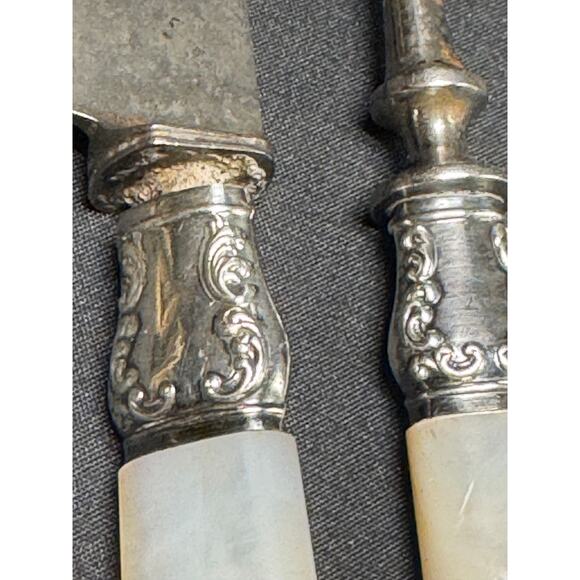 Antique Sterling Silver Carving Knife & Fork Set – Mother of Pearl Handles - Picture 5 of 9